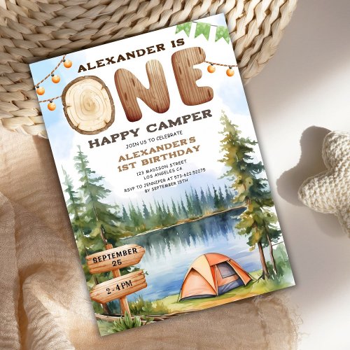 ONE Happy Camper Rustic Boy 1st Birthday Party Invitation