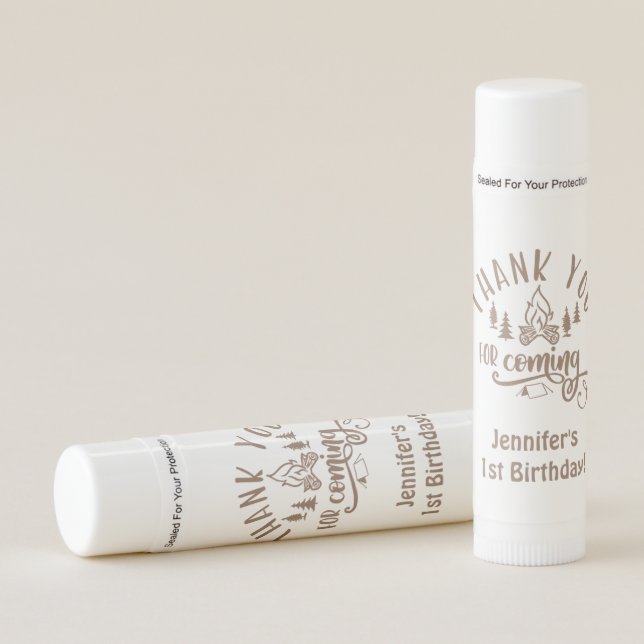 One Happy camper rustic brown Birthday party Lip Balm (Front)