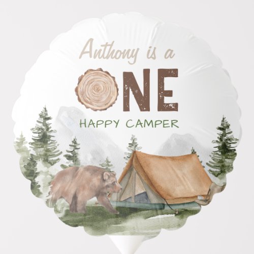 One Happy Camper Rustic Forest Bear 1st Birthday Balloon