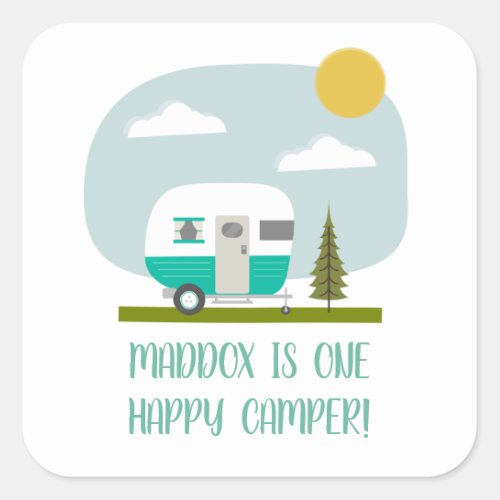 One Happy Camper Turquoise Trailer Birthday Napkin Square Sticker