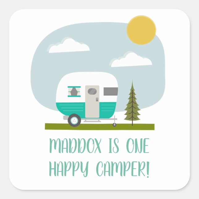 One Happy Camper Turquoise Trailer Birthday Napkin Square Sticker (Front)