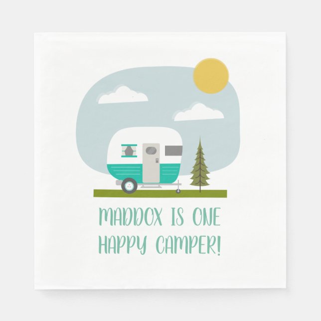 One Happy Camper Turquoise Trailer Birthday Napkins (Front)