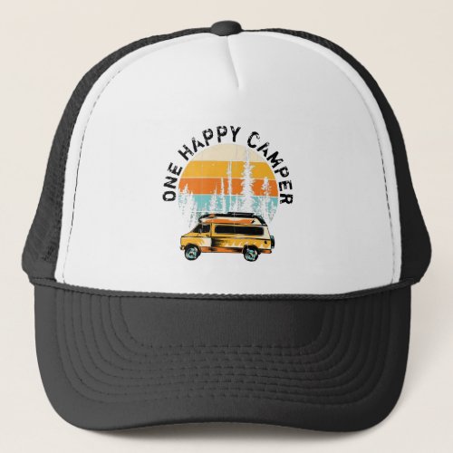 One Happy Camper Vintage Sunset w Camper  Trees Trucker Hat
