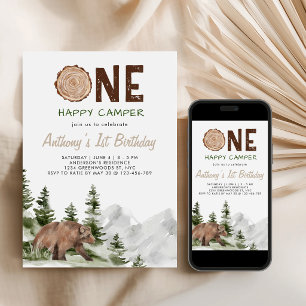 One Happy Camper Watercolor Bear 1st Birthday Boy Invitation
