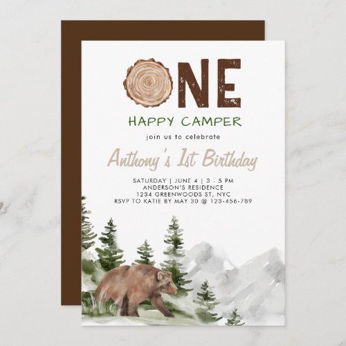 One Happy Camper Watercolor Bear 1st Birthday Boy Invitation