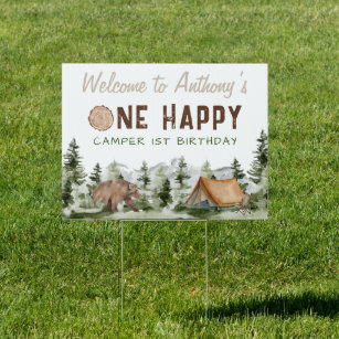 One Happy Camper Watercolor Bear 1st Birthday Boy Sign
