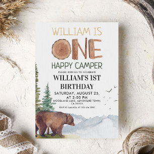 One Happy Camper Watercolor Bear Woodland  Invitation
