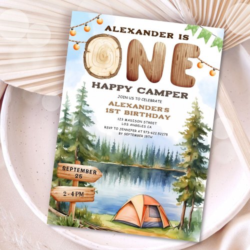 ONE Happy Camper Watercolor Boy 1st Birthday Party Invitation