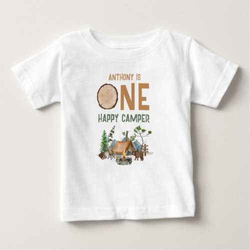 One Happy Camper Watercolor Woodland 1st Birthday Baby T_Shirt