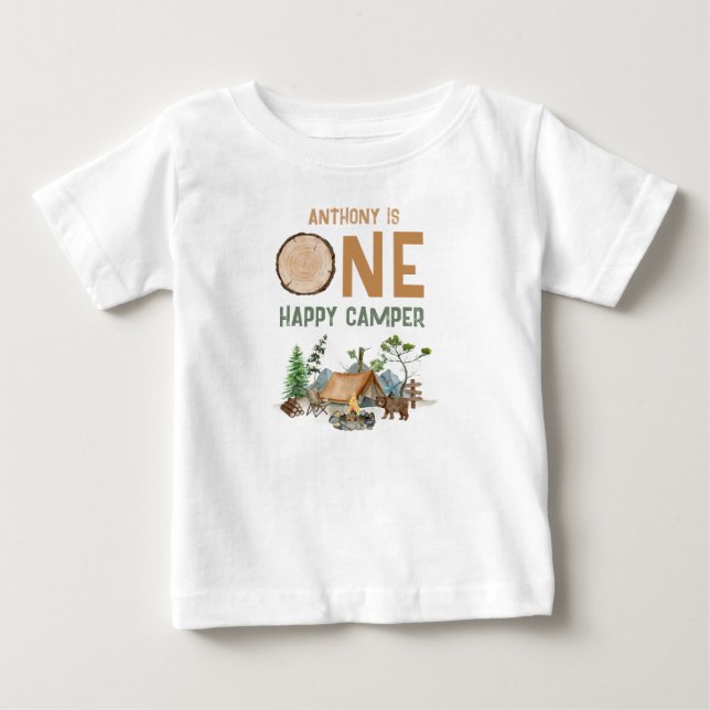 One Happy Camper Watercolor Woodland 1st Birthday Baby T-Shirt (Front)
