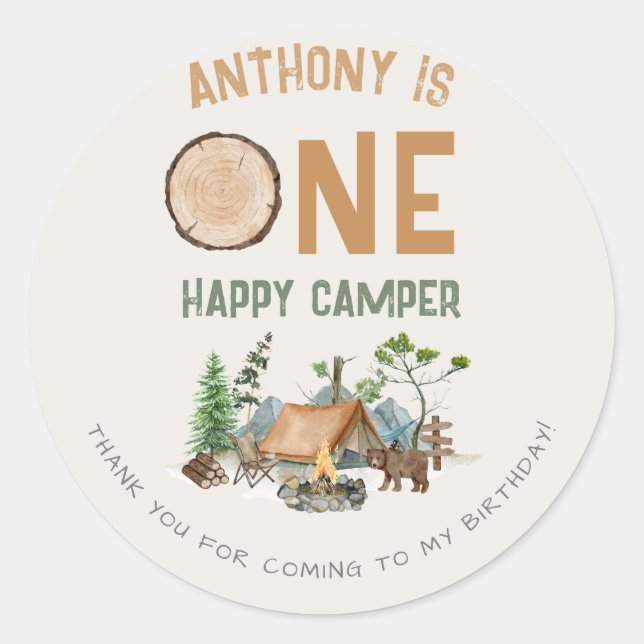 One Happy Camper Watercolor Woodland 1st Birthday Classic Round Sticker (Front)