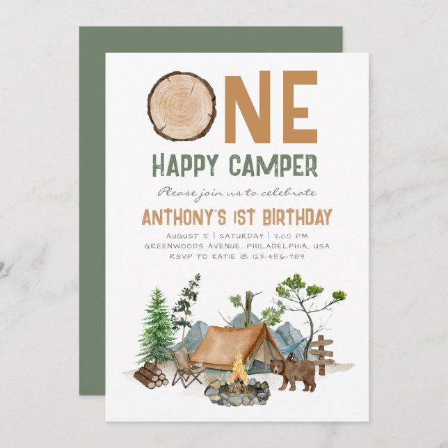 One Happy Camper Watercolor Woodland 1st Birthday Invitation (Front/Back)
