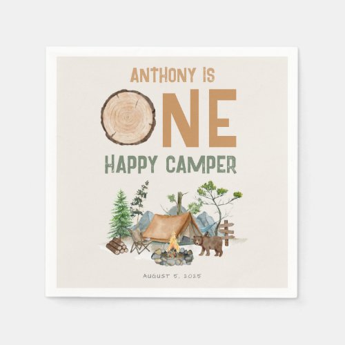 One Happy Camper Watercolor Woodland 1st Birthday  Napkins