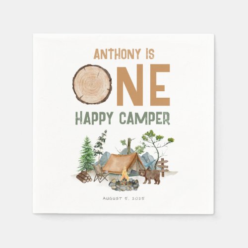 One Happy Camper Watercolor Woodland 1st Birthday Napkins
