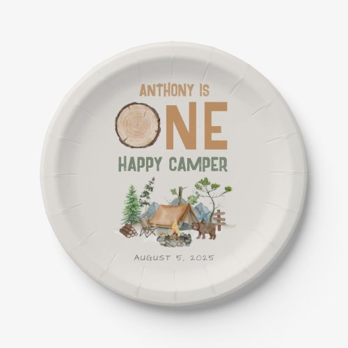 One Happy Camper Watercolor Woodland 1st Birthday Paper Plates