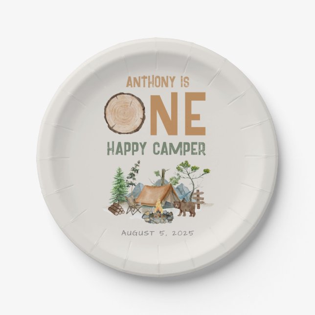 One Happy Camper Watercolor Woodland 1st Birthday Paper Plates (Front)