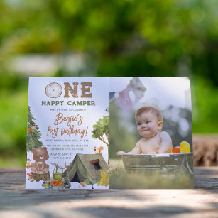 One Happy Camper Wood Bear Photo Boys 1st Birthday Invitation
