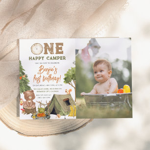One Happy Camper Wood Bear Photo Boys 1st Birthday Invitation