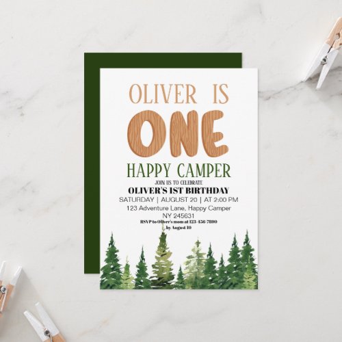 One Happy Camper Wood Boys 1st Birthday Invitation