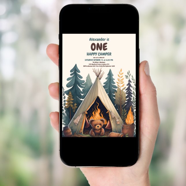 One Happy Camper Wood Boys 1st Birthday Invitation (Front Digital)