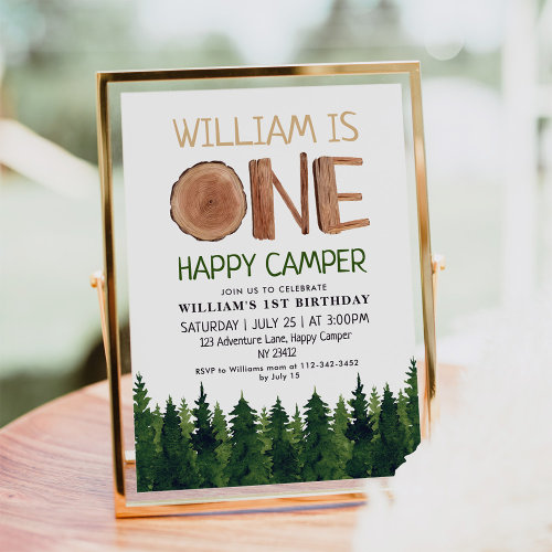 One Happy Camper Wood Boys 1st Birthday Invitation