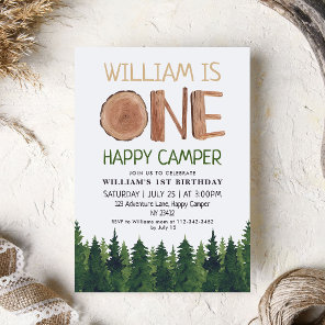 One Happy Camper Wood Boys 1st Birthday  Invitation