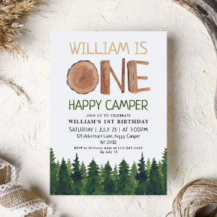 One Happy Camper Wood Boys 1st Birthday Invitation