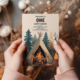 One Happy Camper Wood Boys 1st Birthday Invitation