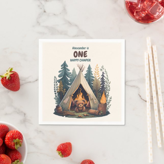 One Happy Camper Wood Boys 1st Birthday Napkins (Insitu)