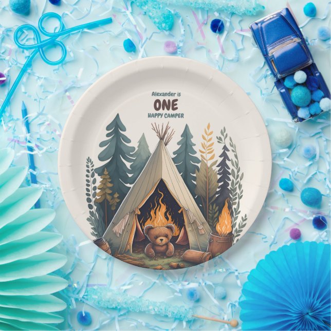 One Happy Camper Wood Boys 1st Birthday Paper Plates (Party)