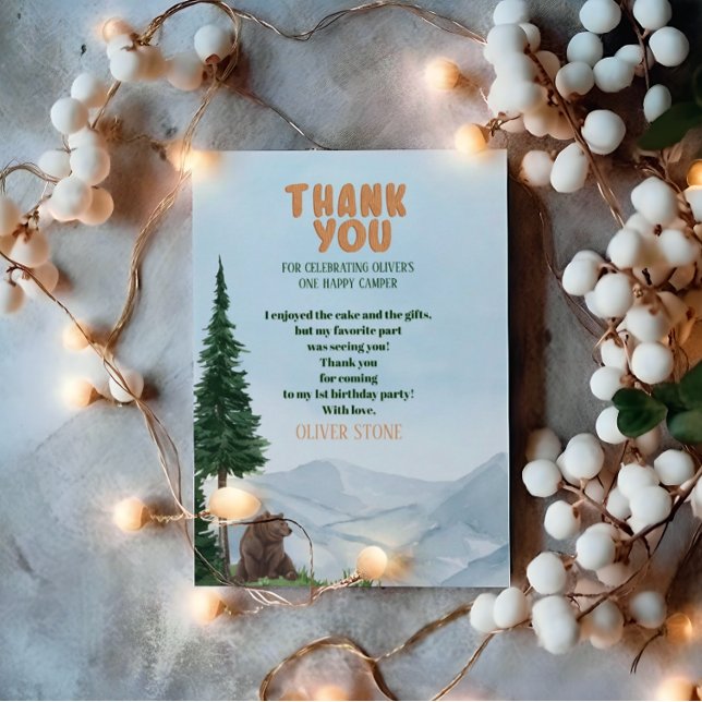 One Happy Camper Wood Boys 1st Birthday  Thank You Card (Creator Uploaded)