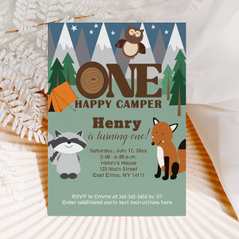 One Happy Camper Woodland Animals 1st Birthday Boy Invitation by allpetscherished at Zazzle