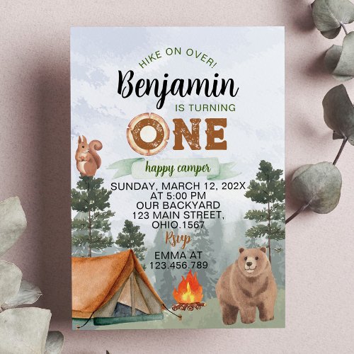 One Happy Camper Woodland Bear 1st Birthday Invitation