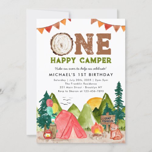 One Happy Camper Woodland Bear Boys 1st Birthday Invitation