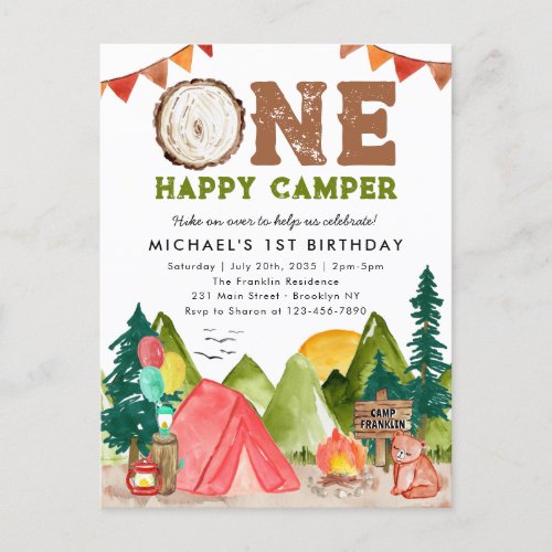 One Happy Camper Woodland Bear Boys 1st Birthday Postcard
