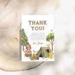 One Happy Camper Woodland Boy 1st Birthday Party Thank You Card<br><div class="desc">A thank-you card to match our One Happy Camper Woodland Boy 1st Birthday Party collection. This adorable design features a watercolor illustration of a bear sitting on a log, cooking over a campfire, with a retro-style green tent on the right-hand side, surrounded by a pine tree forest. Other details include...</div>