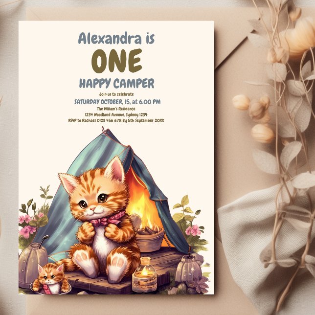 One Happy Camper Woodland Cat 1st Birthday Invitation (Creator Uploaded)