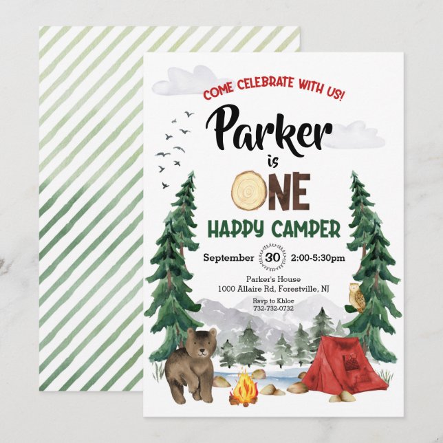 One Happy Camper Woodland First Birthday Invitation (Front/Back)
