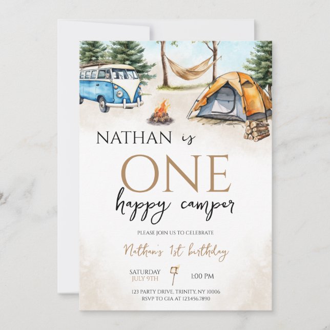 One Happy Camper Woodland First Birthday Invitation (Front)