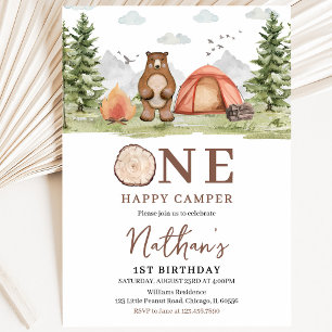 One Happy Camper Woodland First Birthday  Invitation