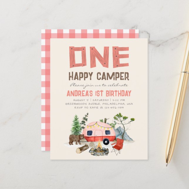 One Happy Camper Woodland Girls 1st Birthday Pink  (Front/Back In Situ)
