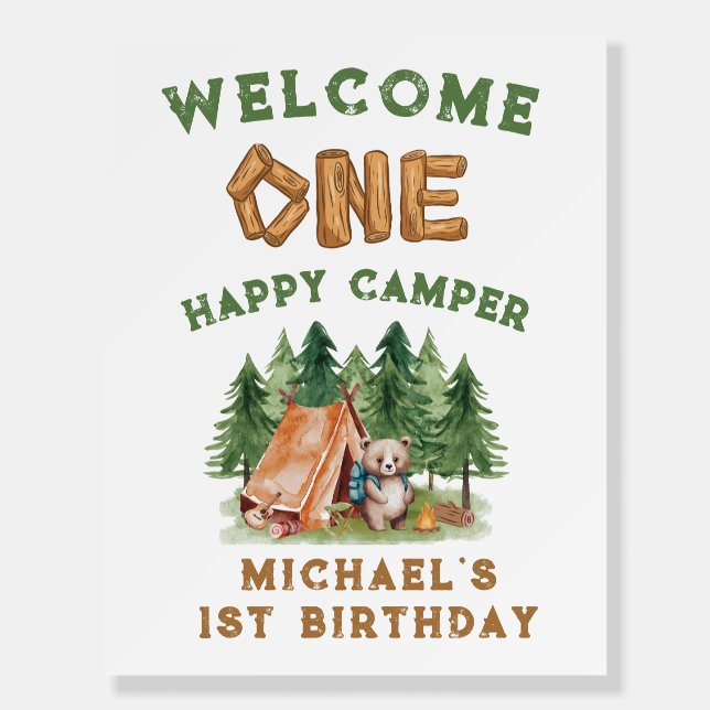 One Happy Camper Woodland Watercolor 1st Birthday Foam Board (Front)
