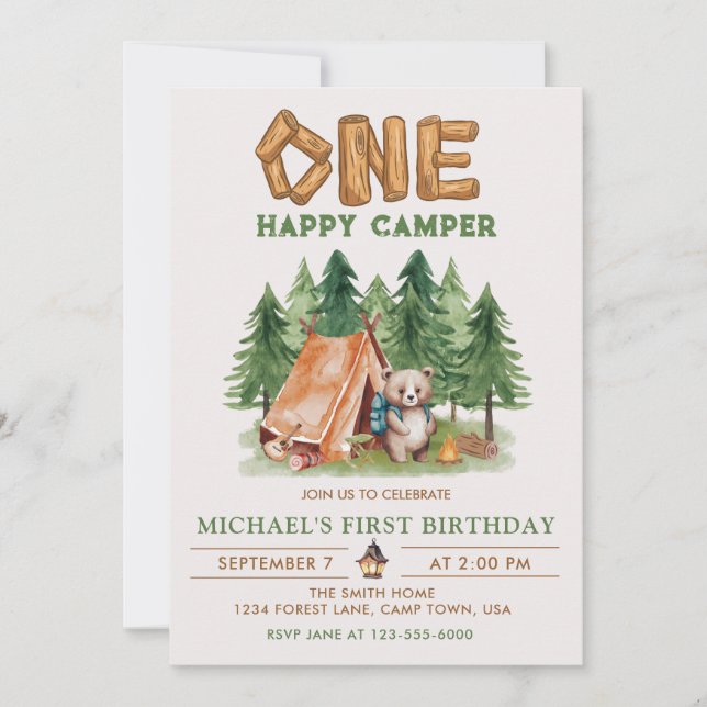 One Happy Camper Woodland Watercolor 1st Birthday Invitation (Front)