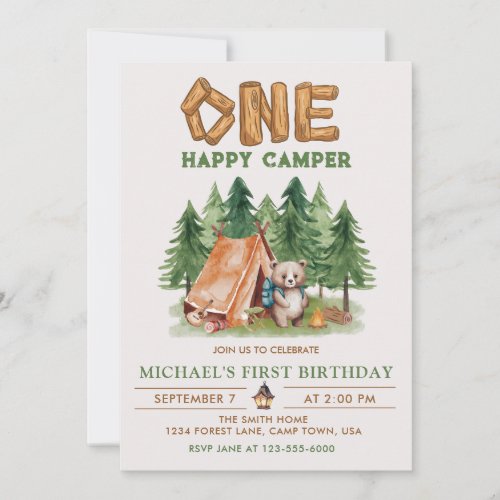 One Happy Camper Woodland Watercolor 1st Birthday Invitation