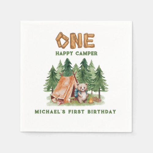 One Happy Camper Woodland Watercolor 1st Birthday Napkins