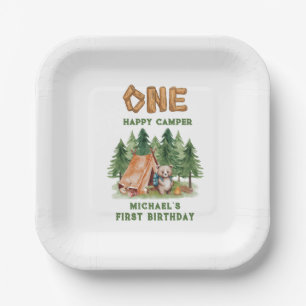 One Happy Camper Woodland Watercolor 1st Birthday Paper Plates