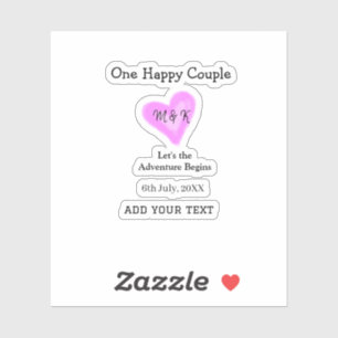 ONE HAPPY COUPLE PINK HEART WEDDING NAME DATE STICKER