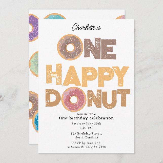 One Happy Donut Invite 1st  First Birthday Cute (Front/Back)