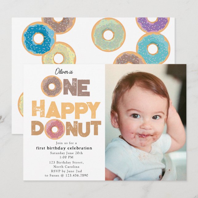 One Happy Donut Invite 1st  First Birthday Photo (Front/Back)