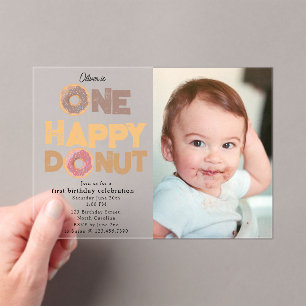 One Happy Donut Invite 1st First Birthday Photo Acrylic Invitations